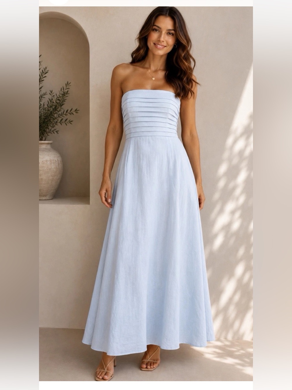 New Caroline Constas Strapless Pleated Maxi Dress S Linen Blend Baby Blue